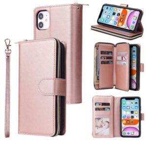 For iPhone 11 Pro Max Zipper Wallet Bag Horizontal Flip PU Leather Case with Holder & 9 Card Slots & Wallet & Lanyard & Photo Frame(Rose Gold) (OEM)