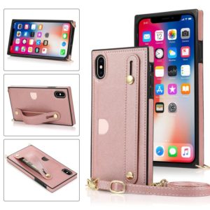 For iPhone X / XS Wrist Strap PU+TPU Shockproof Protective Case with Crossbody Lanyard & Holder & Card Slot(Rose Gold) (OEM)