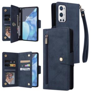 For OnePlus 9 Pro Rivet Buckle 9 Cards Three Fold Leather Phone Case(Blue) (OEM)