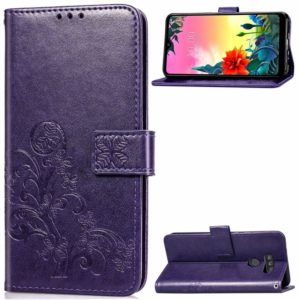 For LG K50S Four-leaf Clasp Embossed Buckle Mobile Phone Protection Leather Case with Lanyard & Card Slot & Wallet & Bracket Function(Purple) (OEM)