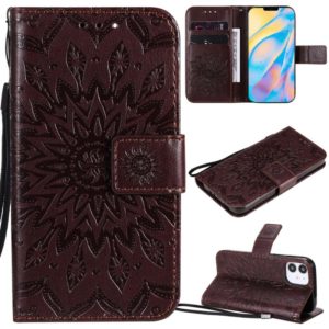 For iPhone 12 mini Pressed Printing Sunflower Pattern Horizontal Flip PU Leather Case Holder & Card Slots & Wallet & Lanyard(Brown) (OEM)