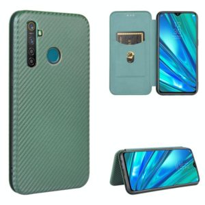 For OPPO Realme 5 / Realme 5s Carbon Fiber Texture Horizontal Flip TPU + PC + PU Leather Case with Card Slot(Green) (OEM)