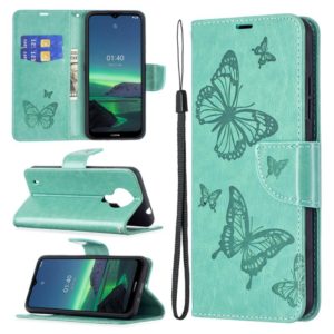 For Nokia 1.4 Embossing Two Butterflies Pattern Horizontal Flip PU Leather Case with Holder & Card Slot & Wallet & Lanyard(Green) (OEM)