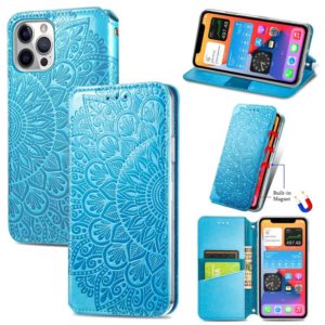 For iPhone 12 / 12 Pro Blooming Mandala Embossed Pattern Magnetic Horizontal Flip Leather Case with Holder & Card Slots & Wallet(Blue) (OEM)