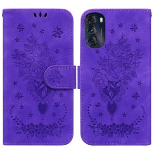 For Motorola Moto G 2022 Butterfly Rose Embossed Leather Phone Case(Purple) (OEM)