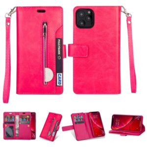 For iPhone 11 Pro Multifunctional Zipper Horizontal Flip Leather Casewith Holder & Wallet & 9 Card Slots & Lanyard(Rose Red) (OEM)