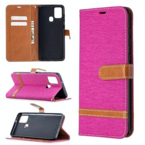 For Samsung Galaxy A21s Matching Denim Texture Horizontal Flip PU Leather Case with Holder & Card Slots & Wallet & Lanyard(Rose Red) (OEM)