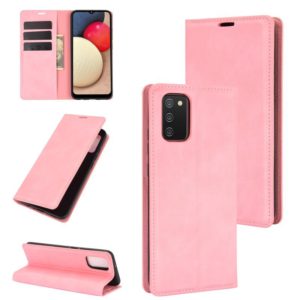 For Samsung Galaxy A02s (EU Version) Retro-skin Business Magnetic Suction Leather Case with Holder & Card Slots & Wallet(Pink) (OEM)