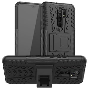 For Xiaomi Redmi 9 Tire Texture Shockproof TPU + PC Protective Case with Holder(Black) (OEM)