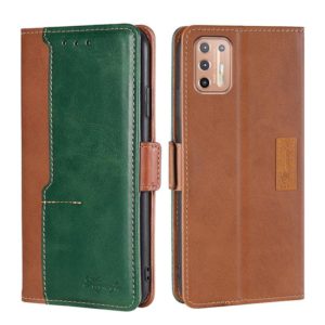 For Motorola Moto G9 Plus Contrast Color Side Buckle Leather Phone Case(Light Brown + Green) (OEM)