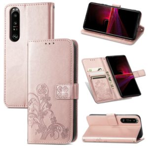 For Sony Xperia 1 III Four-leaf Clasp Embossed Buckle Mobile Phone Protection Leather Case with Lanyard & Card Slot & Wallet & Bracket Function(Rose Gold) (OEM)