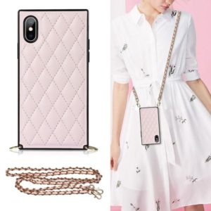 For iPhone XS Max Elegant Rhombic Pattern Microfiber Leather +TPU Shockproof Case with Crossbody Strap Chain(Pink) (OEM)