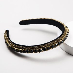 Multi-layer Glass Rhinestones Headband Full Rhinestones Gold Velvet Hairband(Black) (OEM)