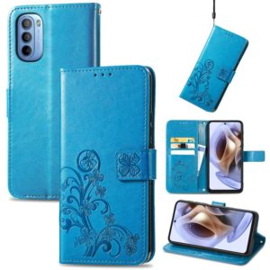 For Motorola Moto G31 Four-leaf Clasp Embossed Buckle Leather Phone Case(Blue) (OEM)