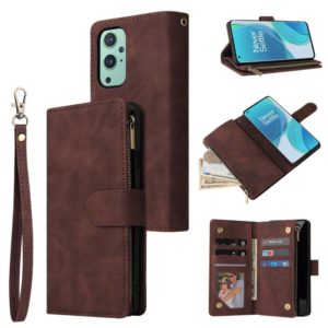 For OnePlus 9 Multifunctional Frosted Zipper Wallet Leather Phone Case(Coffee) (OEM)