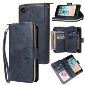 For iPhone SE 2022 / SE 2020 / 8 / 7 Zipper Wallet Bag Horizontal Flip PU Leather Case with Holder & 9 Card Slots & Wallet & Lanyard & Photo Frame(Blue) (OEM)