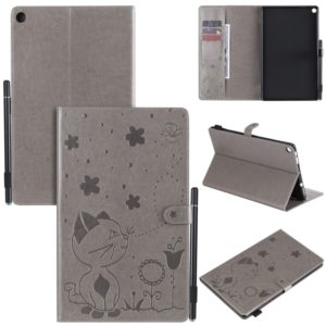 For Amazon Kindle Fire HD 10 (2015) / (2017) Cat Bee Embossing Pattern Shockproof Table PC Protective Horizontal Flip Leather Case with Card Slots & Wallet & Pen Slot & Sleep / Wake-up Function(Grey) (OEM)
