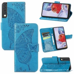 For LG Stylo 7 4G Butterfly Love Flower Embossed Horizontal Flip Leather Case with Bracket / Card Slot / Wallet / Lanyard(Blue) (OEM)