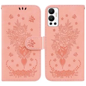 For Infinix Hot 12 Butterfly Rose Embossed Leather Phone Case(Pink) (OEM)