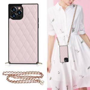 For iPhone 12 / 12 Pro Elegant Rhombic Pattern Microfiber Leather +TPU Shockproof Case with Crossbody Strap Chain(Pink) (OEM)