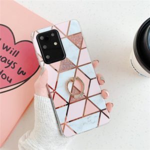 For Galaxy S20 Plating Colorful Geometric Pattern Mosaic Marble TPU Mobile Phone Case Rhinestone Stand Ring(Pink PR1) (OEM)