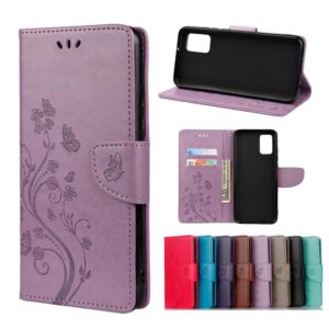 For Samsung Galaxy A02s (EU Version) Butterfly Flower Pattern Horizontal Flip Leather Case with Holder & Card Slots & Wallet(Light Purple) (OEM)