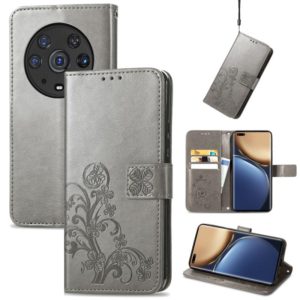 For Honor Magic3 Pro Four-leaf Clasp Embossed Buckle Leather Phone Case(Grey) (OEM)