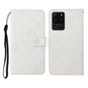 For Samsung Galaxy S20 Ultra Ethnic Style Embossed Pattern Horizontal Flip Leather Case with Holder & Card Slots & Wallet & Lanyard(White) (OEM)
