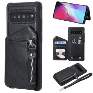 For Galaxy S10 5G Dual Buckles Zipper Shockproof Back Cover Protective Case with Holder & Card Slots & Wallet & Lanyard & Photos Frames(Black) (OEM)