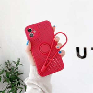 For iPhone 11 Pro Heat Dissipation Cooling Holes Liquid Silicone Straight Edge Shockproof Case with Ring Holder & Strap (Red) (OEM)