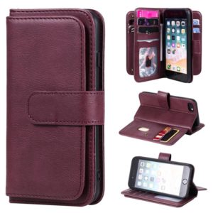 For iPhone 8 & 7 Multifunctional Magnetic Copper Buckle Horizontal Flip Solid Color Leather Case with 10 Card Slots & Wallet & Holder & Photo Frame(Wine Red) (OEM)