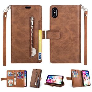 For iPhone XR Multifunctional Zipper Horizontal Flip Leather Case with Holder & Wallet & 9 Card Slots & Lanyard(Brown) (OEM)