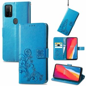 For Ulefone Note 11 Plus Four-leaf Clasp Embossed Buckle Mobile Phone Protection Leather Case with Lanyard & Card Slot & Wallet & Bracket Function(Blue) (OEM)