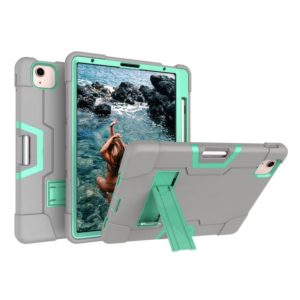 For iPad Air 2022 / 2020 10.9 Contrast Color Robot Shockproof Silicon + PC Protective Case with Holder & Pen Slot(Grey + Mint Green) (OEM)