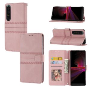 For Sony Xperia 1 IV Embossed Striped Magnetic Buckle Horizontal Flip Phone Leather Case(Pink) (OEM)