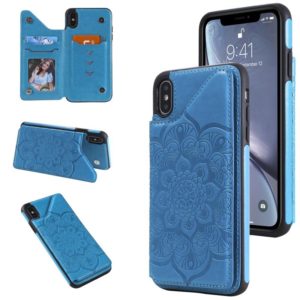 For iPhone XS Max Flower Embossing Pattern Shockproof Protective Case with Holder & Card Slots & Photo Frame(Blue) (OEM)