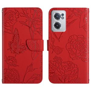 For OnePlus Nord CE 2 5G Skin Feel Butterfly Peony Embossed Leather Phone Case(Red) (OEM)