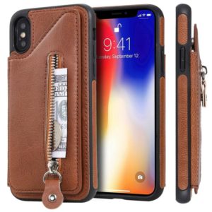 For iPhone XS Solid Color Double Buckle Zipper Shockproof Protective Case(Brown) (OEM)