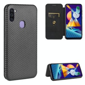 For Samsung Galaxy M11 Carbon Fiber Texture Horizontal Flip TPU + PC + PU Leather Case with Rope & Card Slot(Black) (OEM)