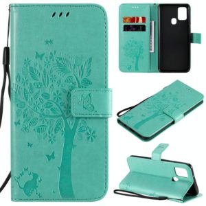 For Samsung Galaxy A21s Tree & Cat Embossed Pattern Horizontal Flip Leather Case with Holder & Card Slots & Wallet & Lanyard(Green) (OEM)