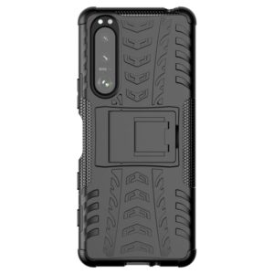 For Sony Xperia 5 III Tire Texture Shockproof TPU+PC Protective Case with Holder(Black) (OEM)