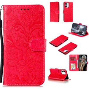 For iPhone 12 / 12 Pro Lace Flower Horizontal Flip Leather Case with Holder & Card Slots & Wallet & Photo Frame(Red) (OEM)