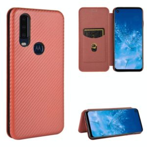 For Motorola Moto P40 Power / One Action Carbon Fiber Texture Horizontal Flip TPU + PC + PU Leather Case with Rope & Card Slot(Brown) (OEM)