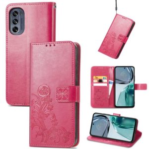 For Motorola Moto G62 Four-leaf Clasp Embossed Buckle Leather Phone Case(Rose Red) (OEM)