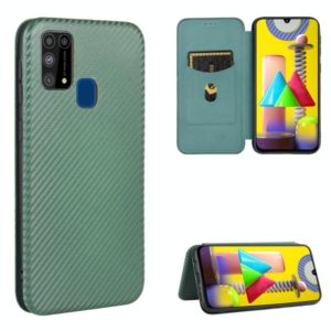 For Samsung Galaxy M31 Carbon Fiber Texture Horizontal Flip TPU + PC + PU Leather Case with Rope & Card Slot(Green) (OEM)