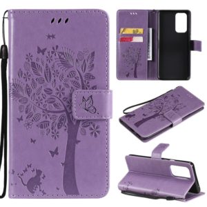 For OnePlus 9 Pro Tree & Cat Pattern Pressed Printing Horizontal Flip PU Leather Case with Holder & Card Slots & Wallet & Lanyard(Light Purple) (OEM)