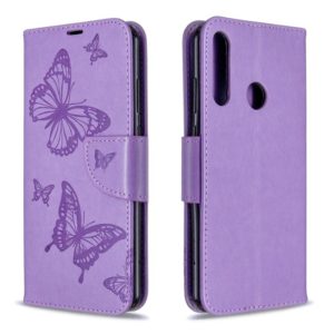 For Huawei Y6P Two Butterflies Embossing Pattern Horizontal Flip Leather Case with Holder & Card Slot & Wallet & Lanyard(Purple) (OEM)