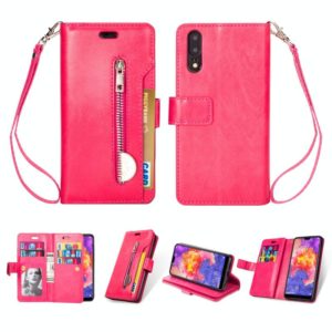 For Huawei P20 Multifunctional Zipper Horizontal Flip Leather Case with Holder & Wallet & 9 Card Slots & Lanyard(Rose Red) (OEM)
