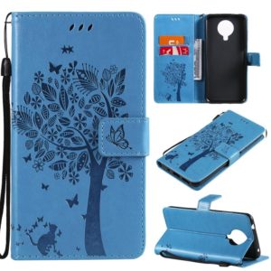 For Nokia 6.3 Tree & Cat Pattern Pressed Printing Horizontal Flip PU Leather Case with Holder & Card Slots & Wallet & Lanyard(Blue) (OEM)