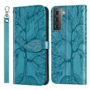 For Samsung Galaxy S21 5G Life of Tree Embossing Pattern Horizontal Flip Leather Case with Holder & Card Slot & Wallet & Photo Frame & Lanyard(Lake Blue) (OEM)